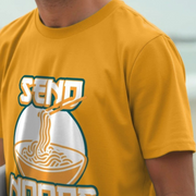 Yellow funny graphic t-shirt with a graphic design of noodles and text 