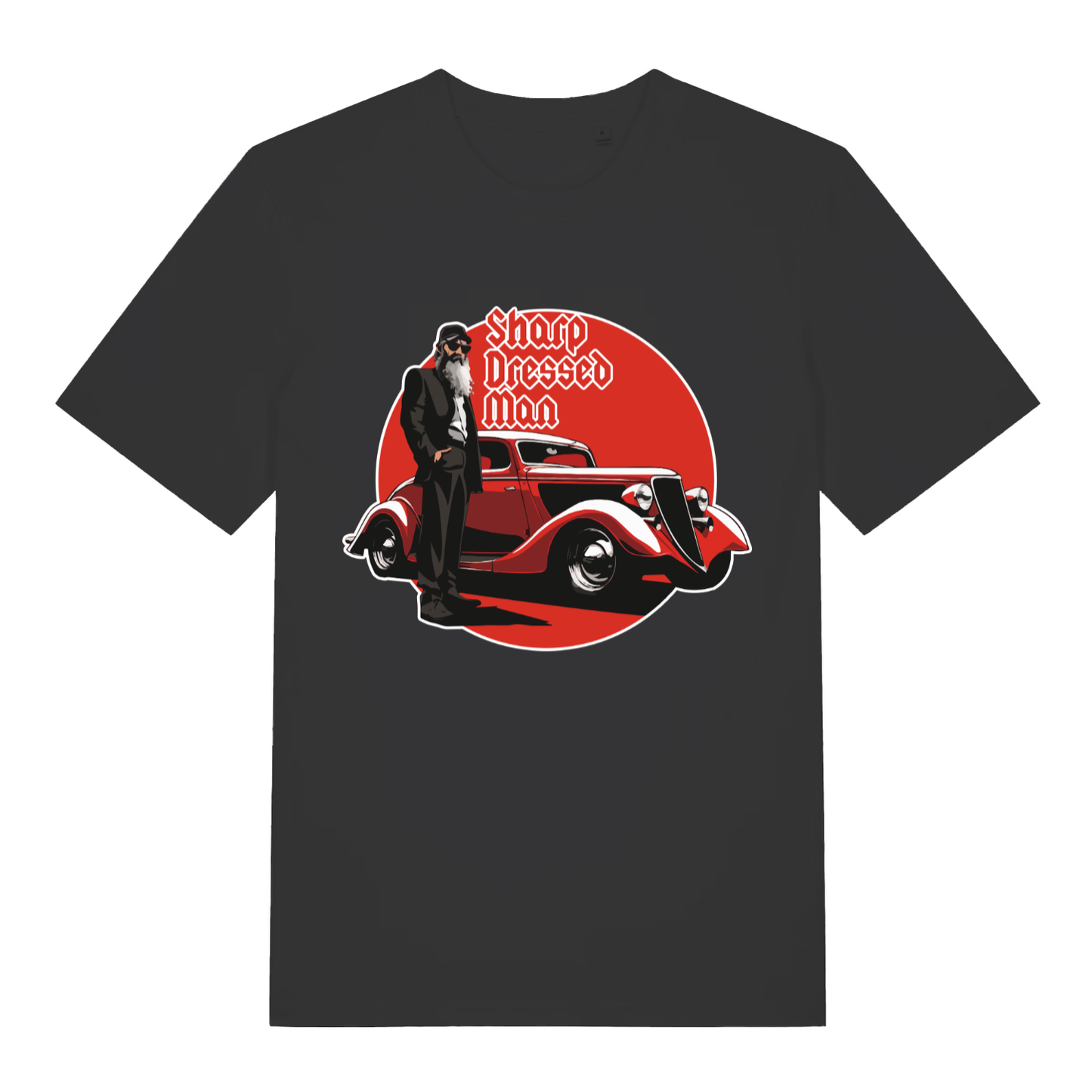 Black Sharp Dressed Man funny graphic t-shirt with bearded man and red hot rod design  