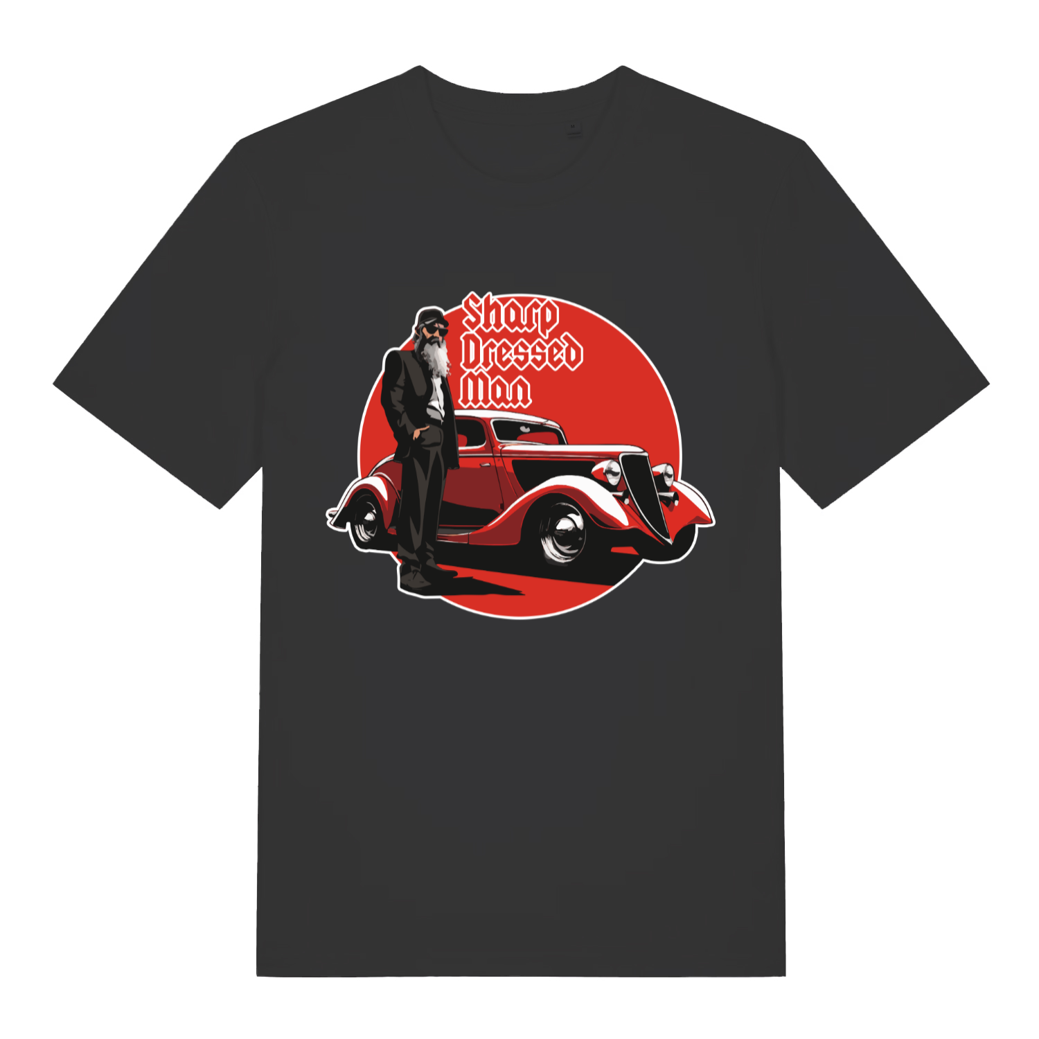 Black Sharp Dressed Man funny graphic t-shirt with bearded man and red hot rod design  