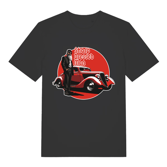 Black Sharp Dressed Man funny graphic t-shirt with bearded man and red hot rod design  