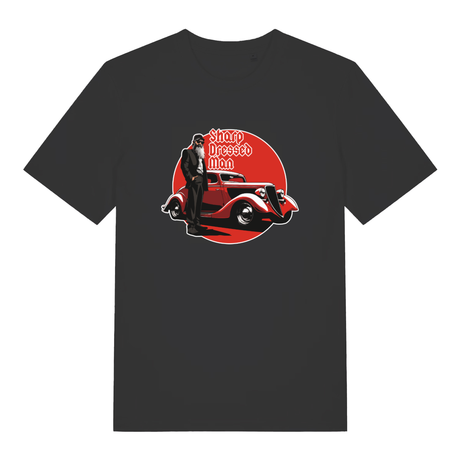 Black music t-shirt with a graphic of a bearded man stood next to a vintage car and the slogan 'sharp dressed man'