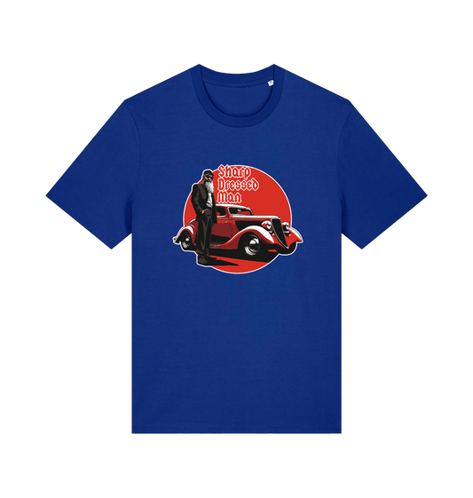 blue music t-shirt with the graphic of a man in a suit stood next to a red car and the slogan 'sharp dressed man'