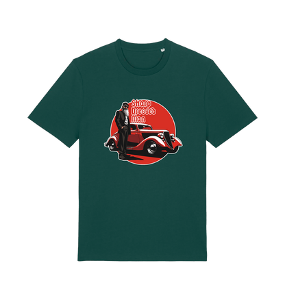 green music t-shirt with the graphic of a man in a suit stood next to a red car and the slogan 'sharp dressed man'