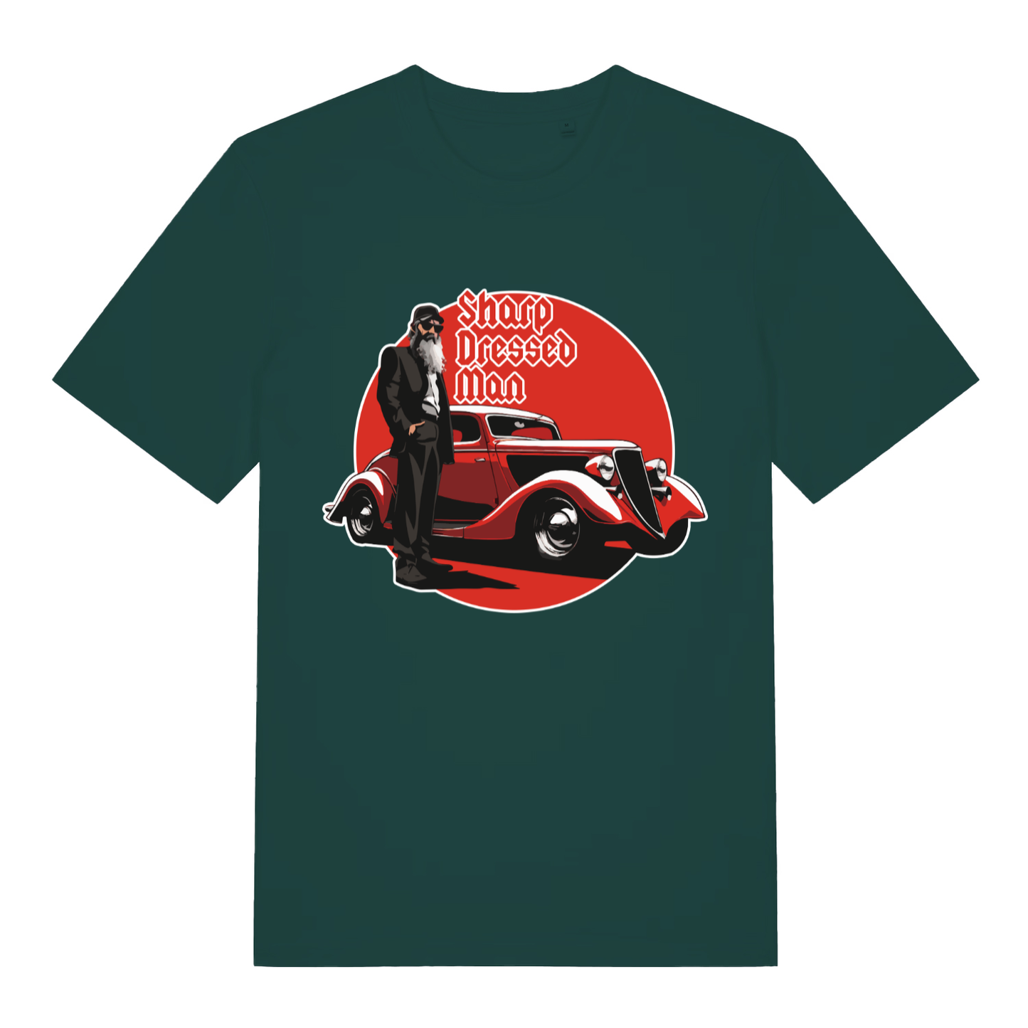 Green Sharp Dressed Man funny graphic t-shirt with bold vintage car and suited legend  