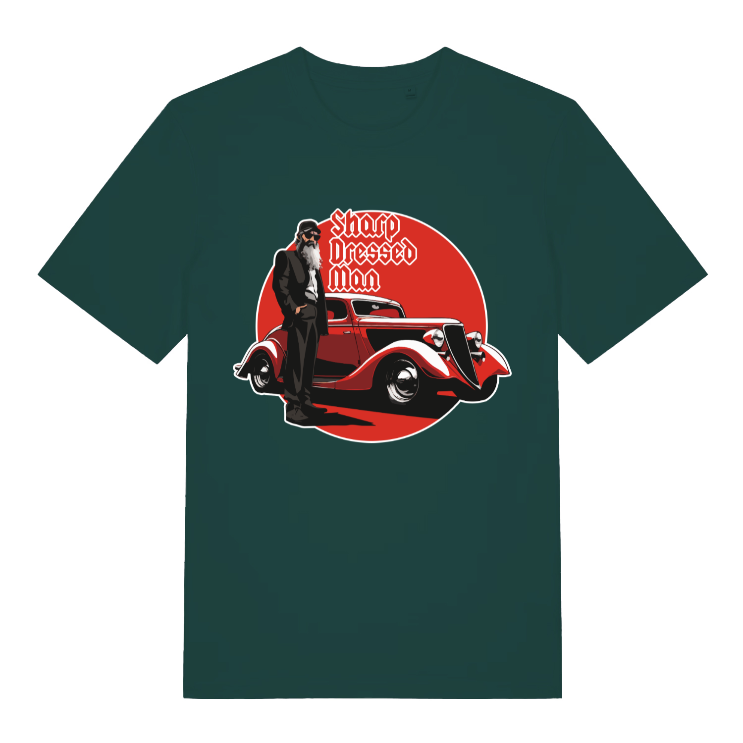 Green Sharp Dressed Man funny graphic t-shirt with bold vintage car and suited legend  