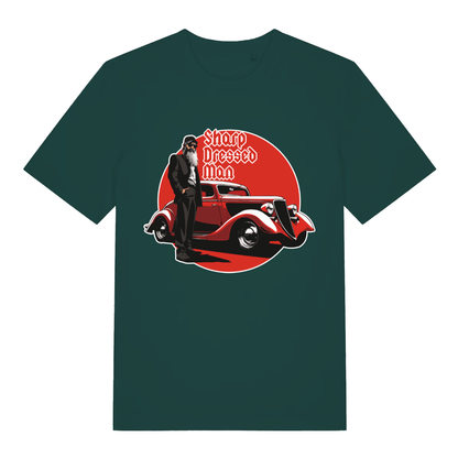 Green Sharp Dressed Man funny graphic t-shirt with bold vintage car and suited legend  