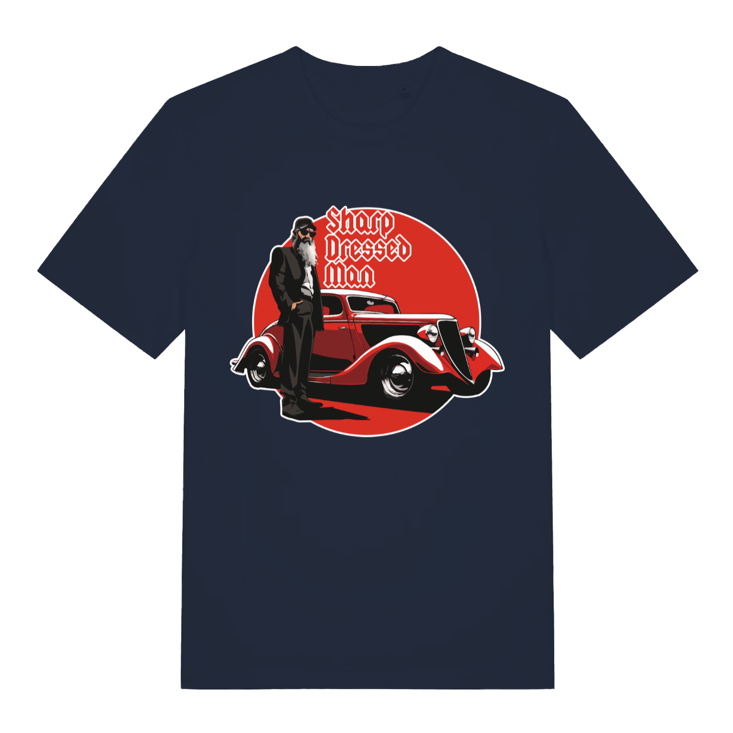 Navy Sharp Dressed Man funny graphic t-shirt showing legendary music graphic design  