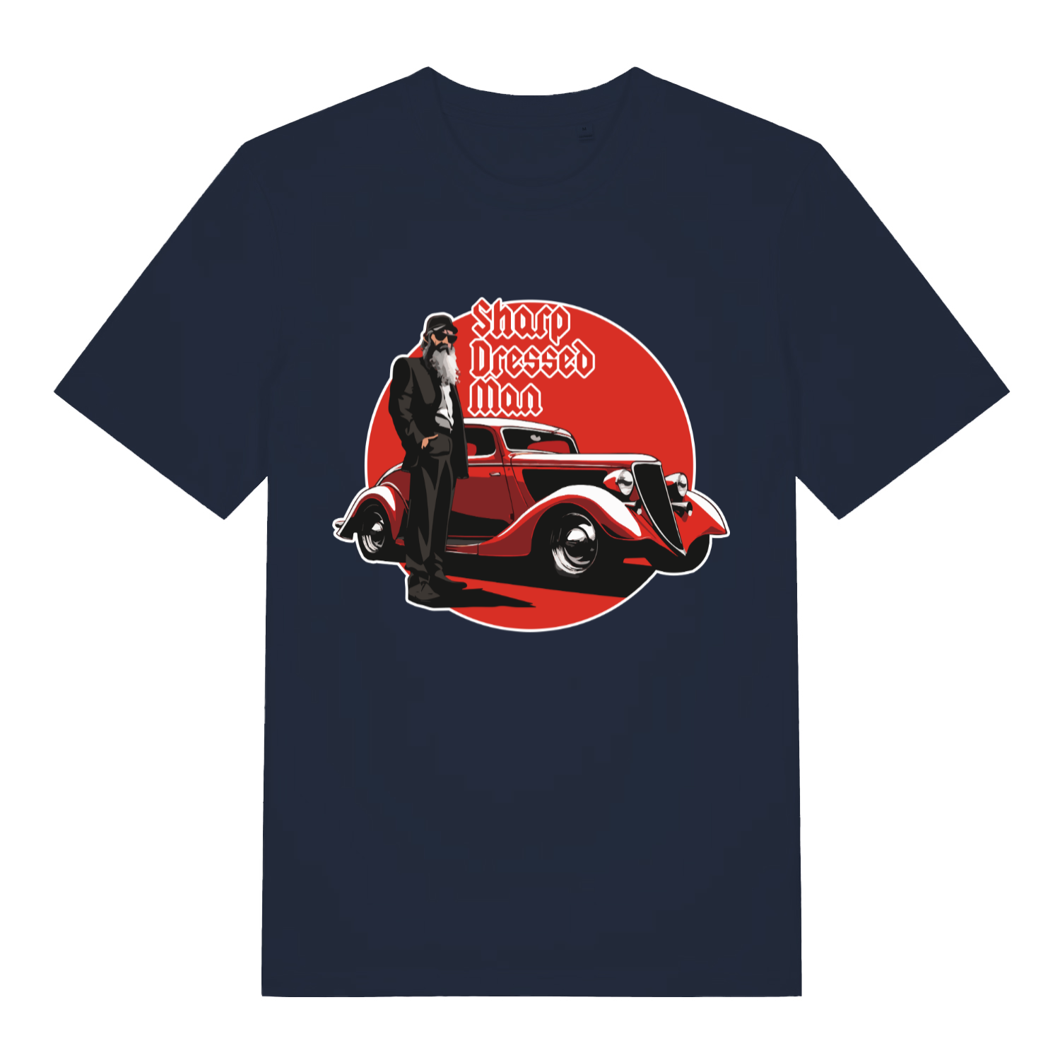 Navy Sharp Dressed Man funny graphic t-shirt showing legendary music graphic design  