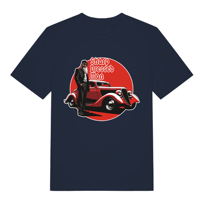 Navy Sharp Dressed Man funny graphic t-shirt showing legendary music graphic design  