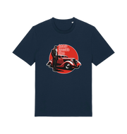 navy music t-shirt with the graphic of a man in a suit stood next to a red car and the slogan 'sharp dressed man'