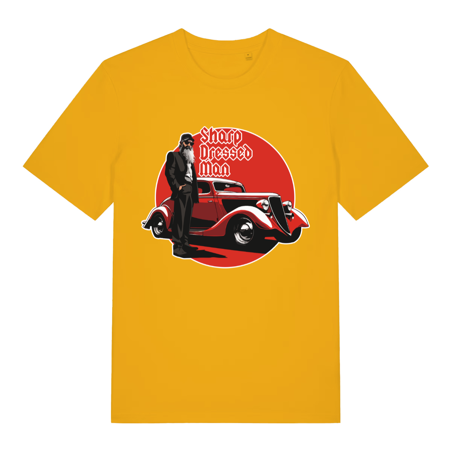 Yellow Sharp Dressed Man funny graphic t-shirt with witty music inspired lettering  