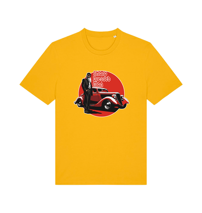 yellow music t-shirt with the graphic of a man in a suit stood next to a red car and the slogan 'sharp dressed man'