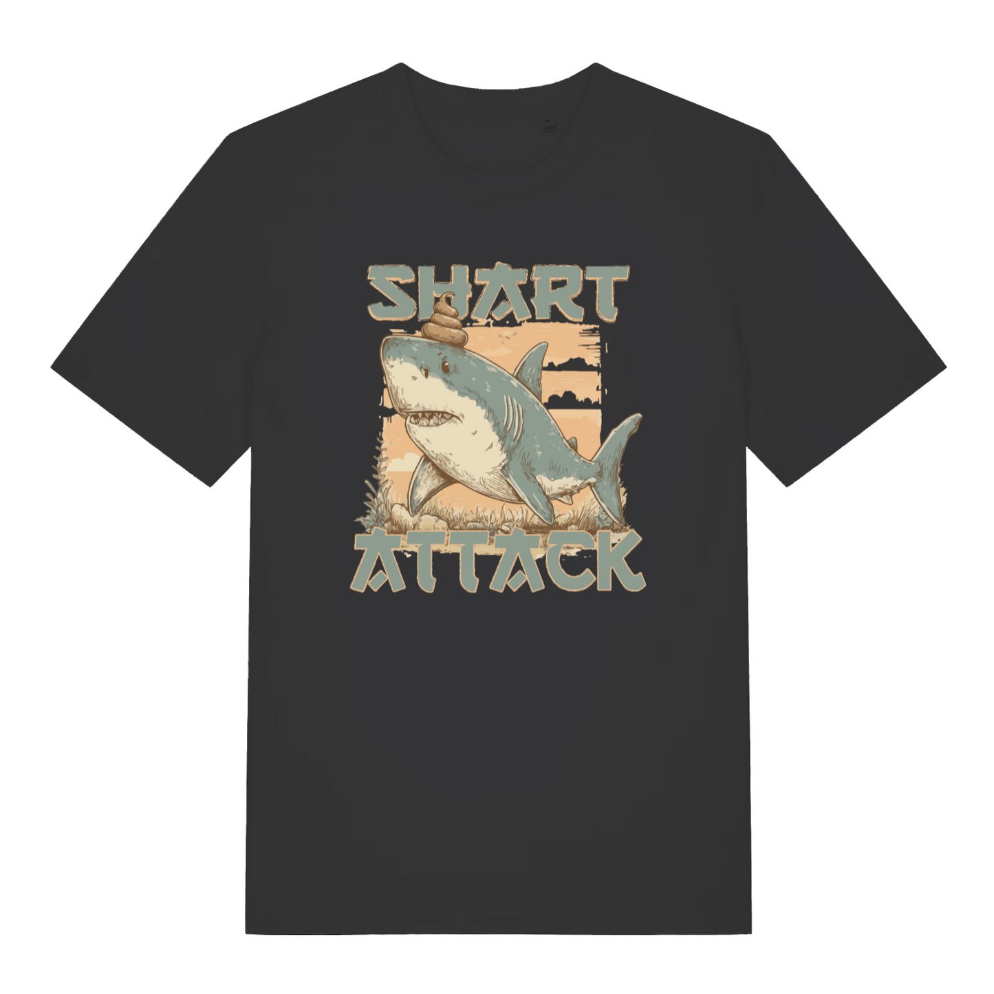 black funny animal t-shirt with the graphic of a shark with the slogan 'shart attack'