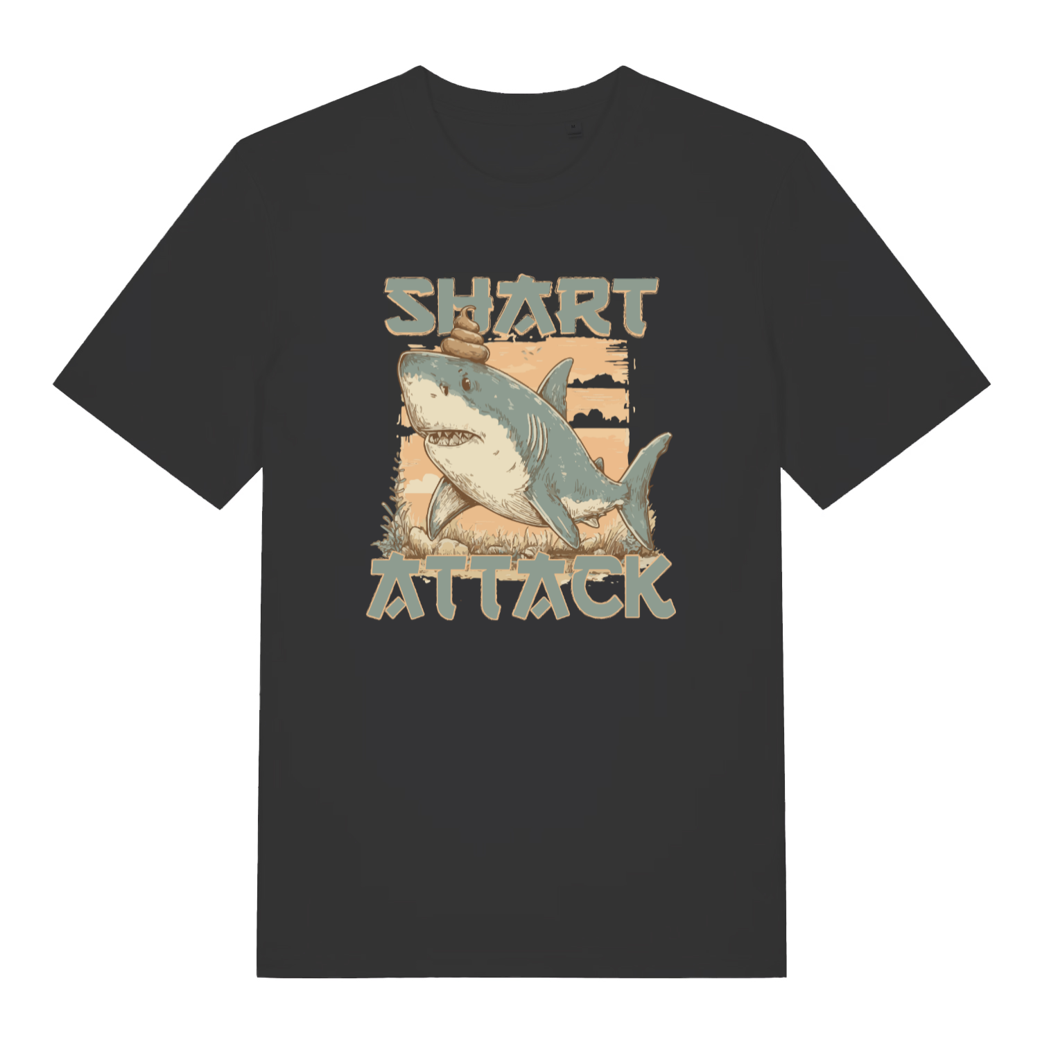 black funny animal t-shirt with the graphic of a shark with the slogan 'shart attack'