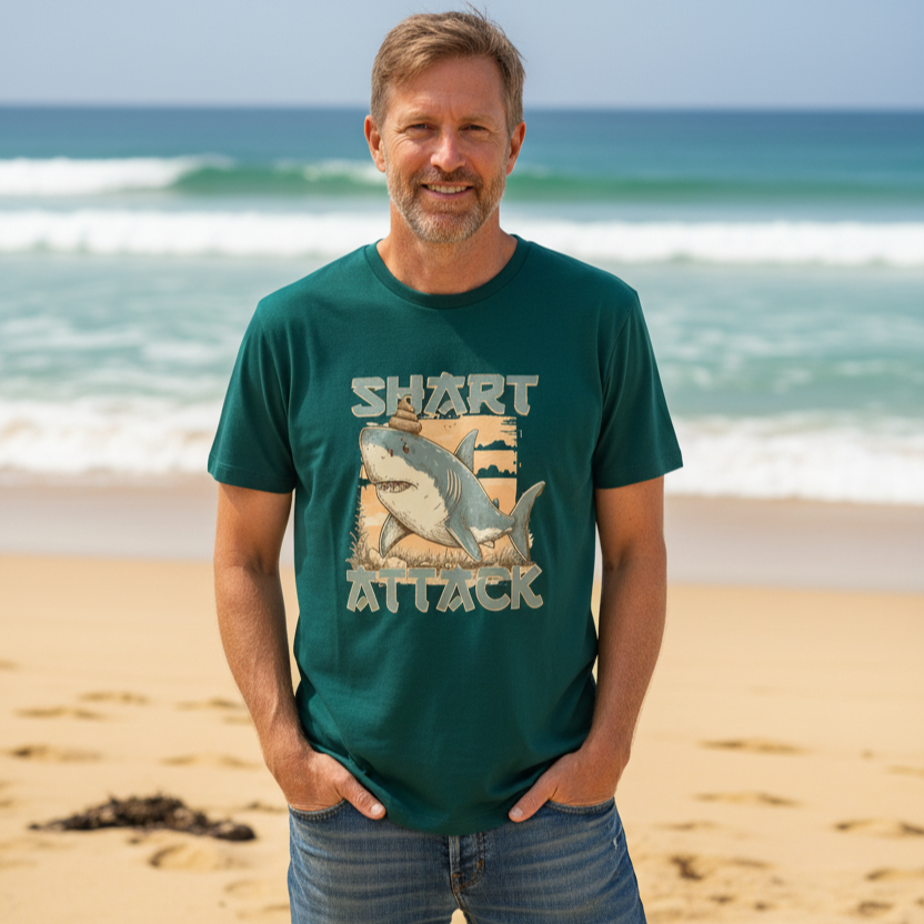 Man wearing a green t-shirt with a shark graphic and text on a beach.