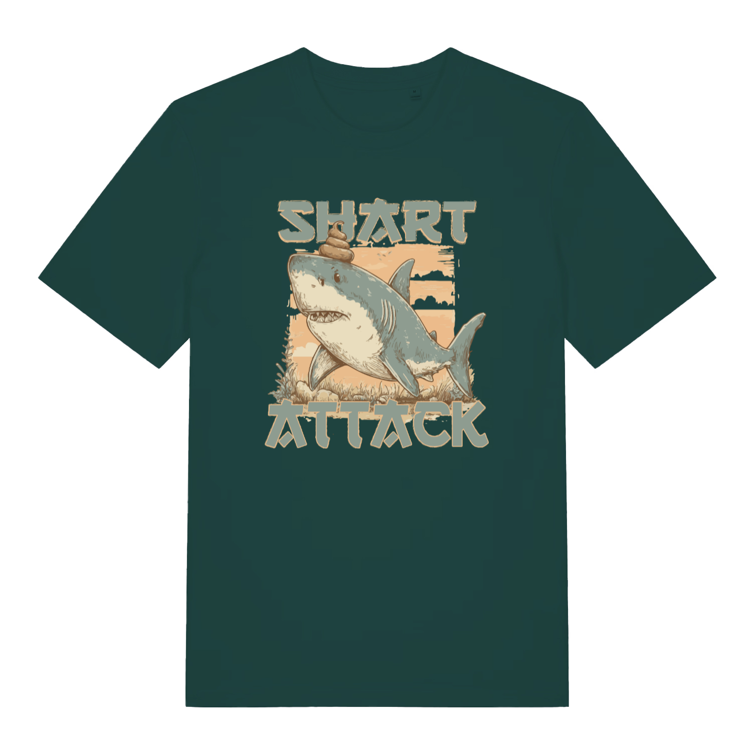 green funny animal t-shirt with the graphic of a shark with the slogan 'shart attack'