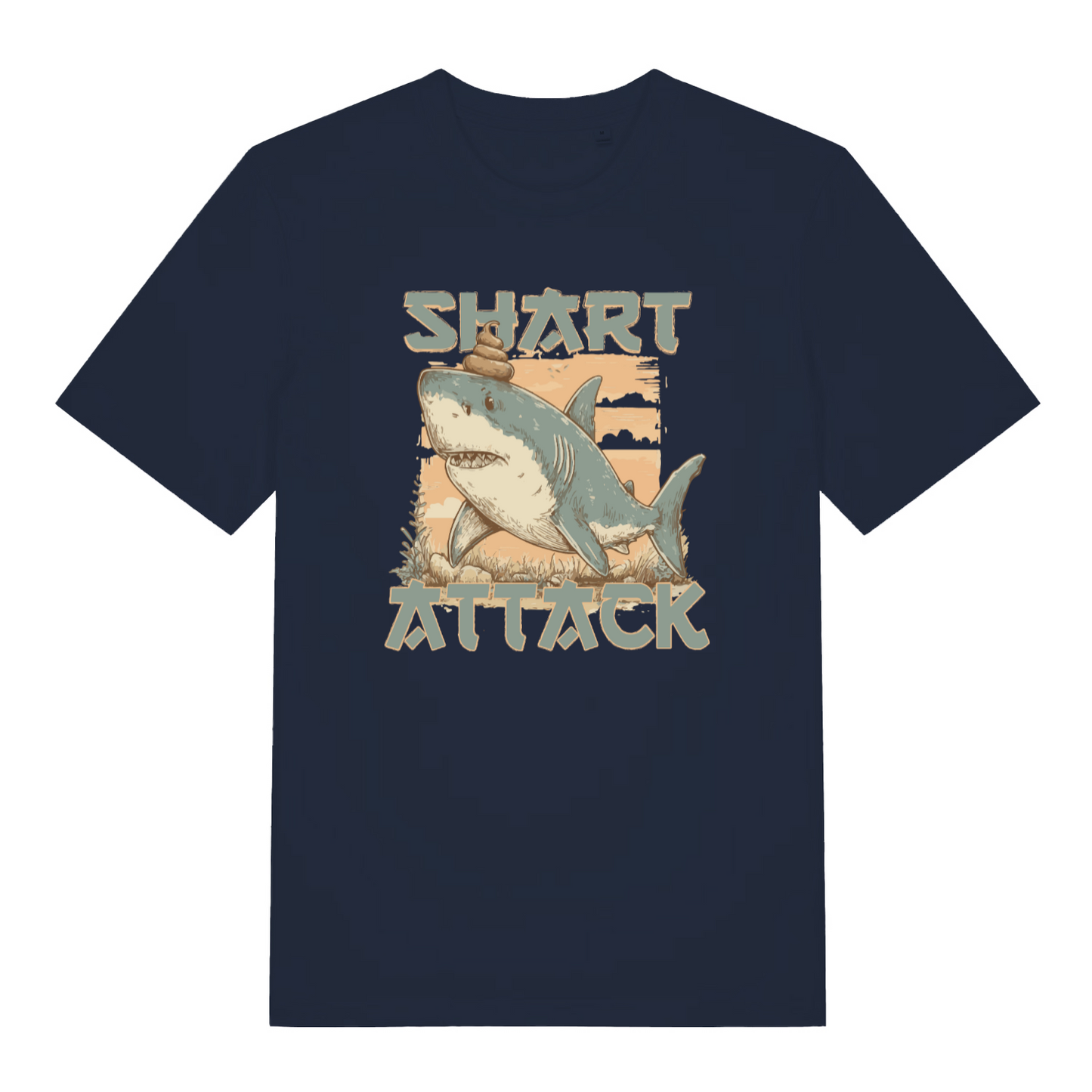 navy funny animal t-shirt with the graphic of a shark with the slogan 'shart attack'