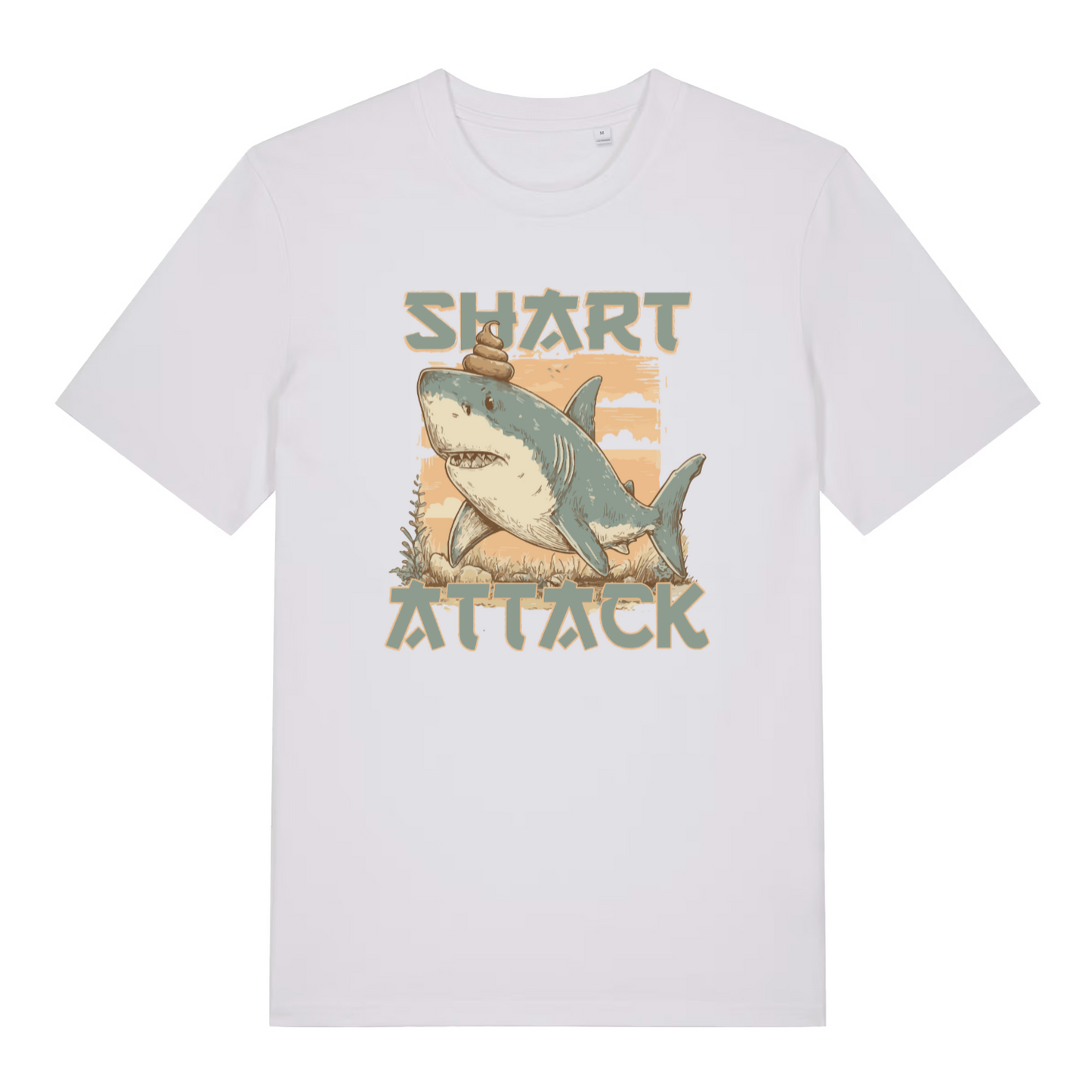 white funny animal t-shirt with the graphic of a shark with the slogan 'shart attack'