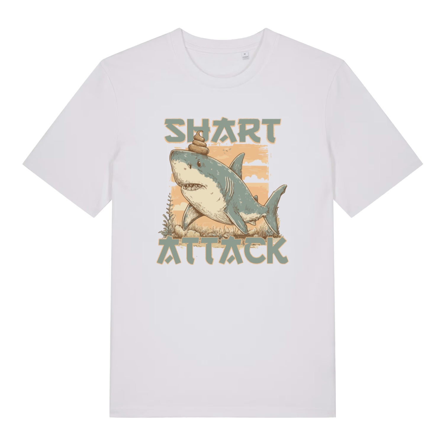 white funny animal t-shirt with the graphic of a shark with the slogan 'shart attack'