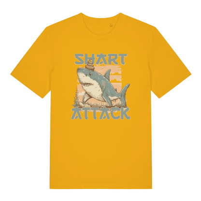 yellow funny animal t-shirt with the graphic of a shark with the slogan 'shart attack'