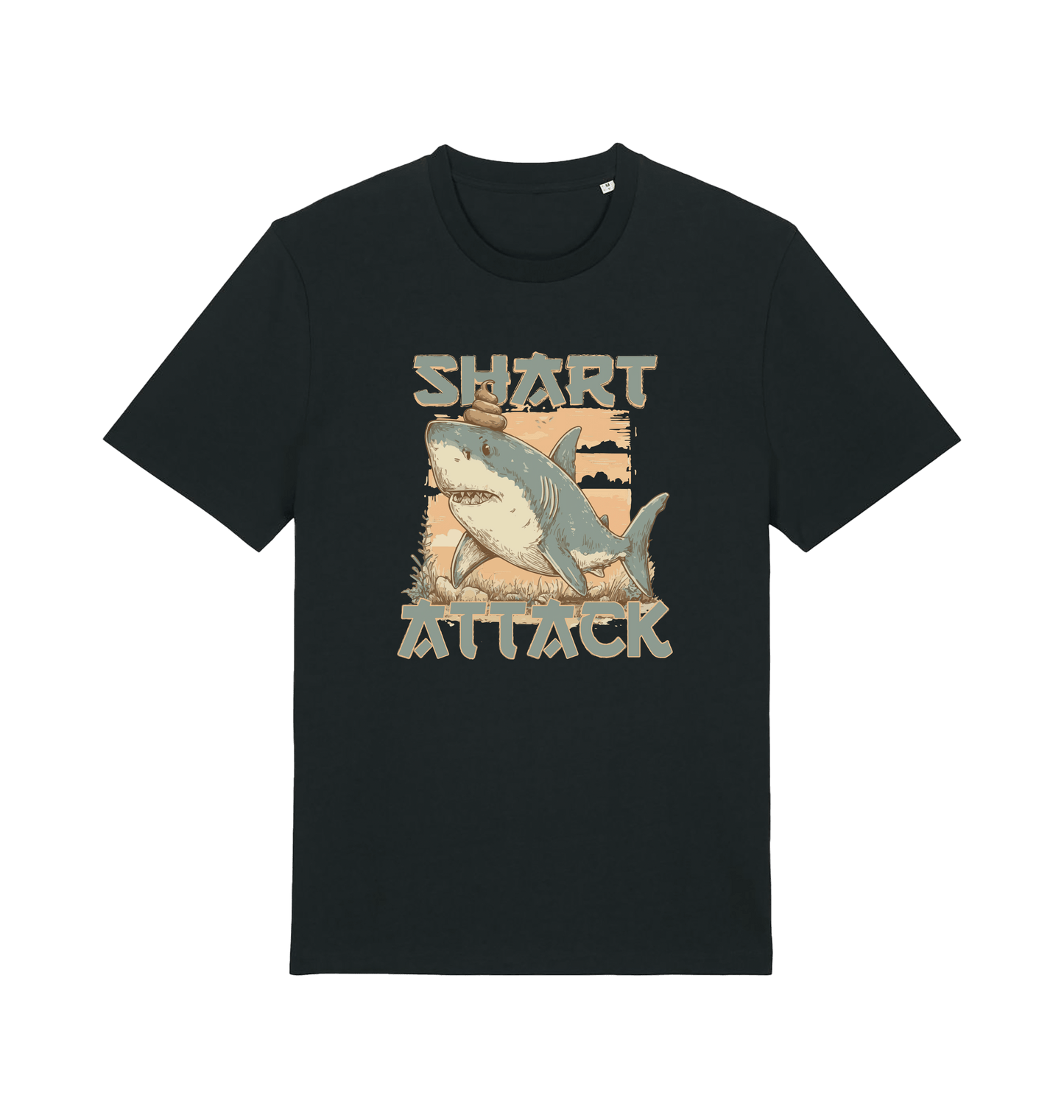 Black funny animal t-shirt with a shark graphic and 'Shark Attack' text 