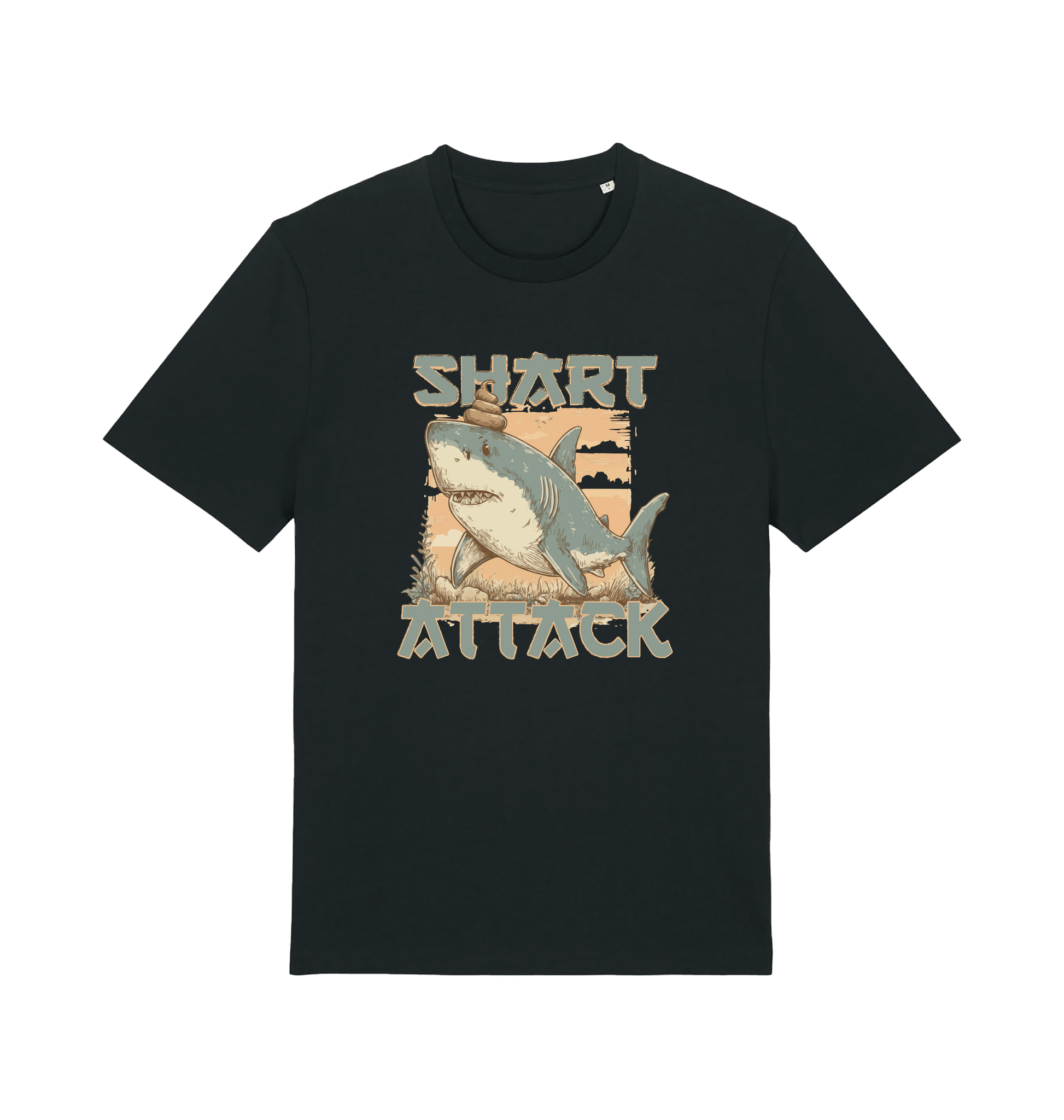 Black funny animal t-shirt with a shark graphic and 'Shark Attack' text 