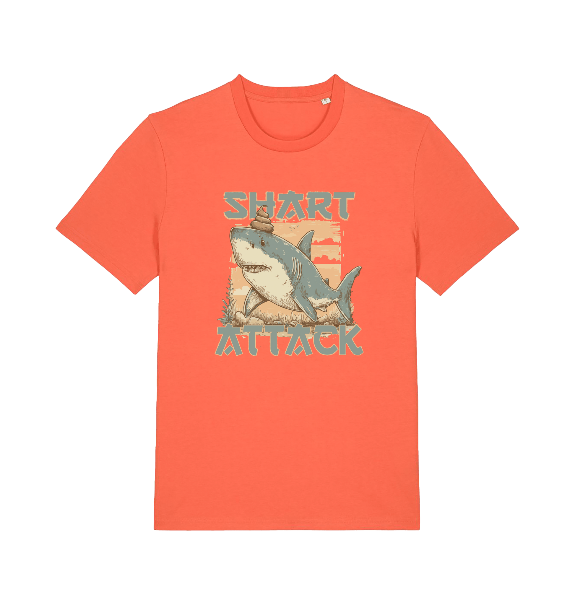orange funny animal t-shirt with a shark graphic and 'Shark Attack' text 