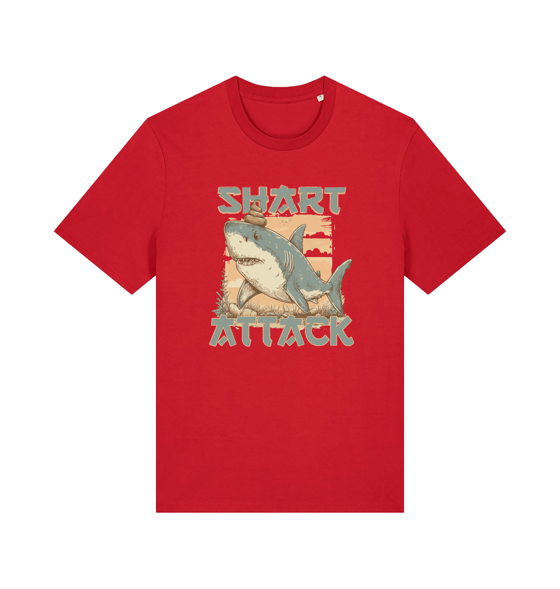 red funny animal t-shirt with a shark graphic and 'Shark Attack' text 