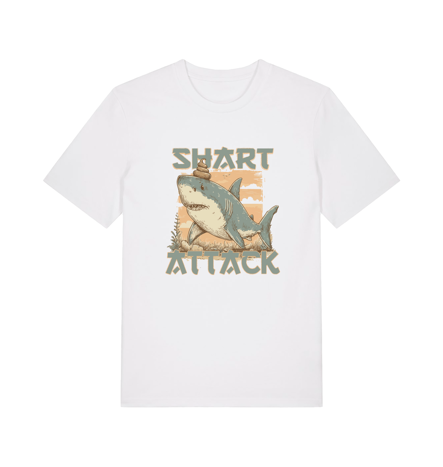 white funny animal t-shirt with a shark graphic and 'Shark Attack' text 