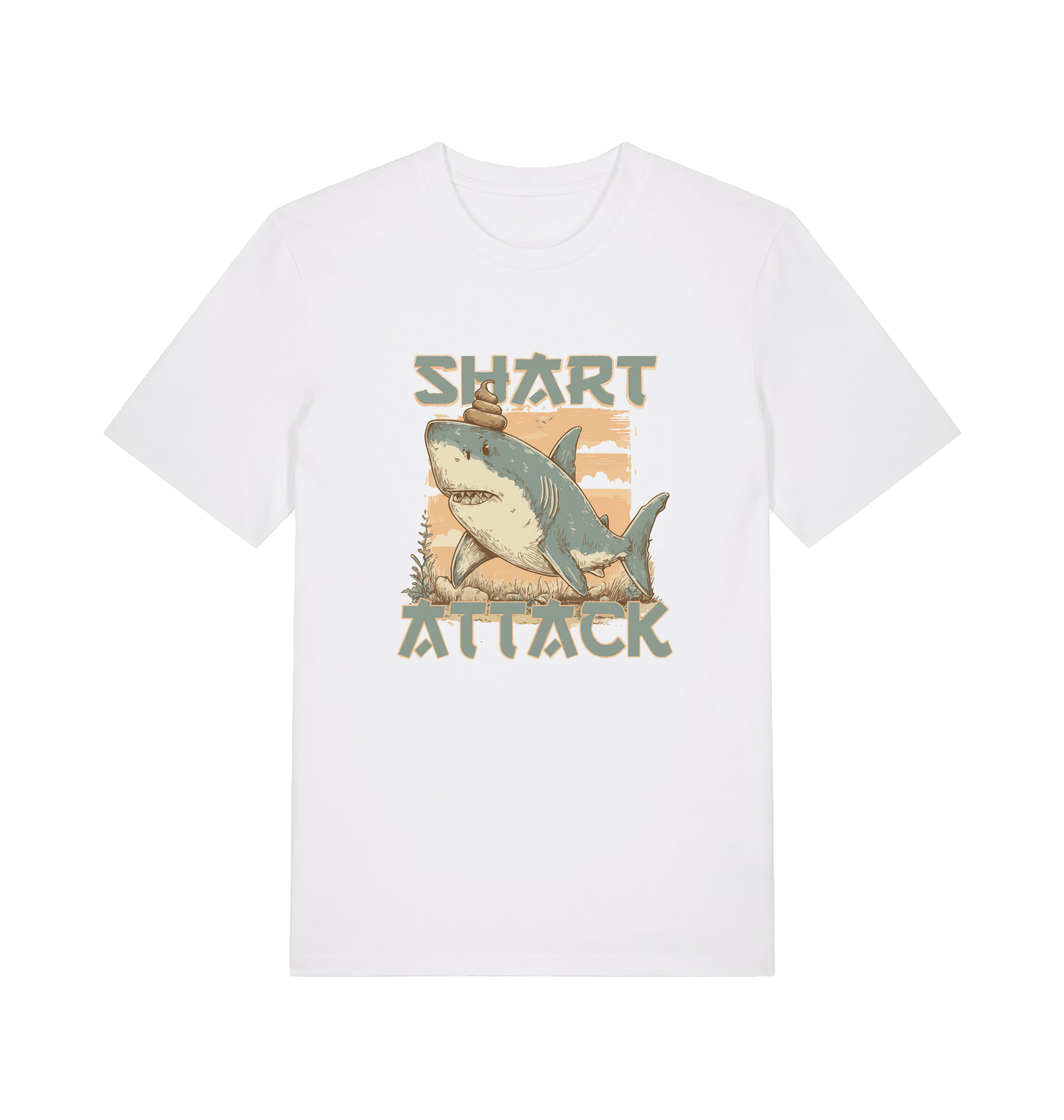 white funny animal t-shirt with a shark graphic and 'Shark Attack' text 