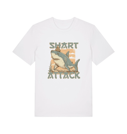 white funny animal t-shirt with a shark graphic and 'Shark Attack' text 