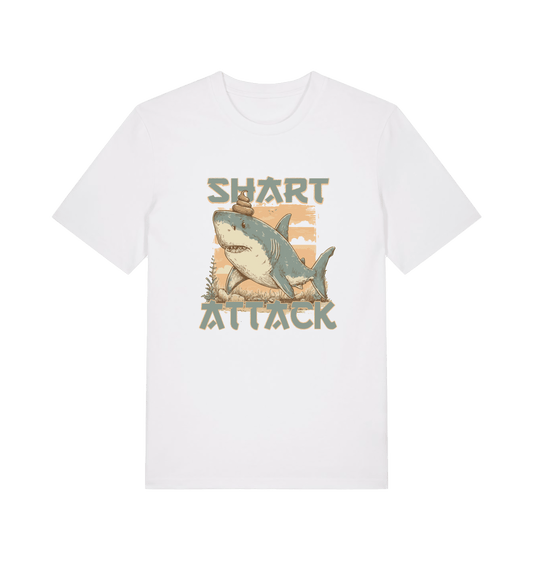 white funny animal t-shirt with a shark graphic and 'Shark Attack' text 