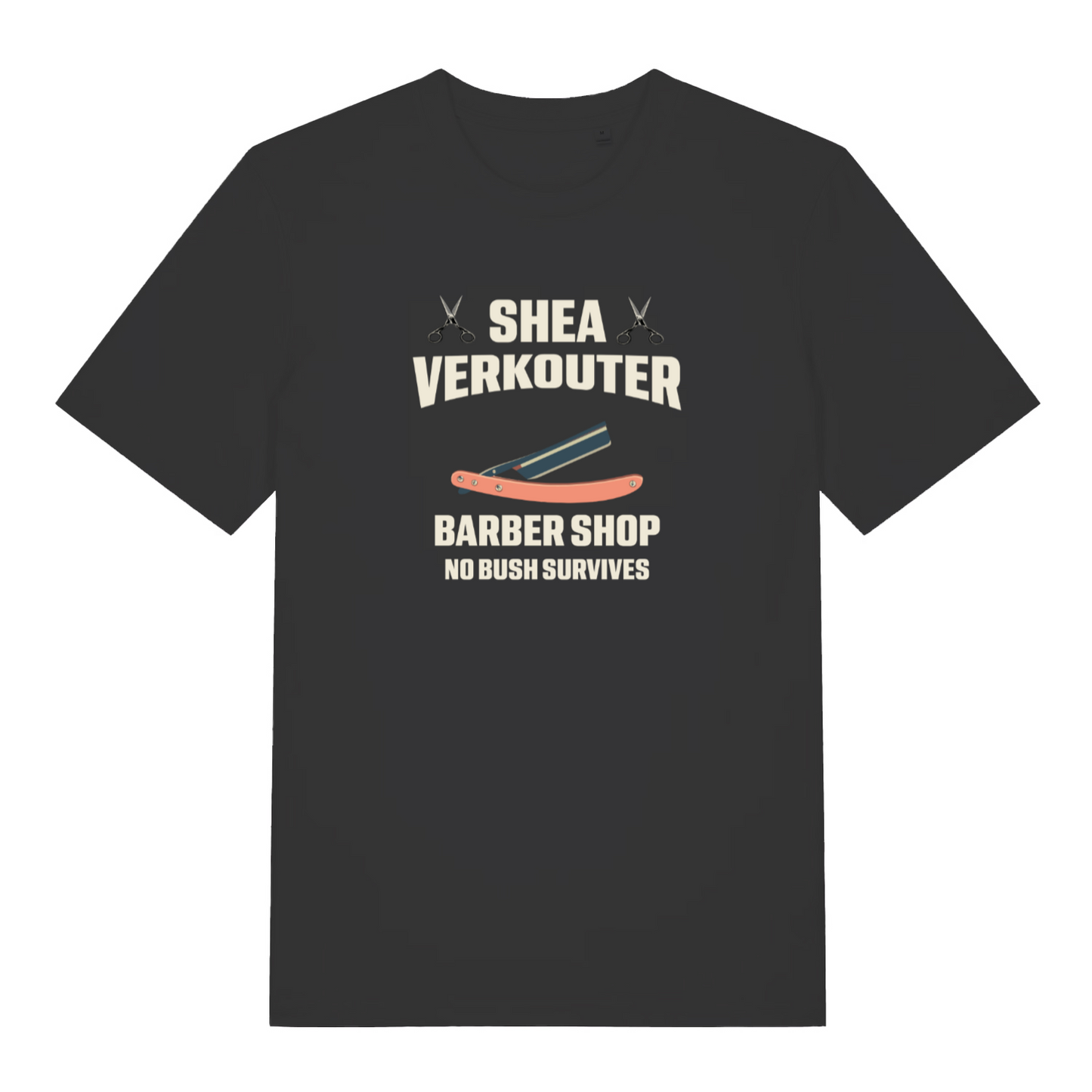 black funny offensive t-shirt with the text 'shea verkouter barbershop, no bush survives'