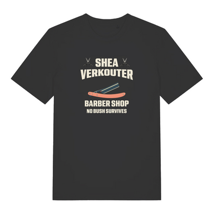 black funny offensive t-shirt with the text 'shea verkouter barbershop, no bush survives'