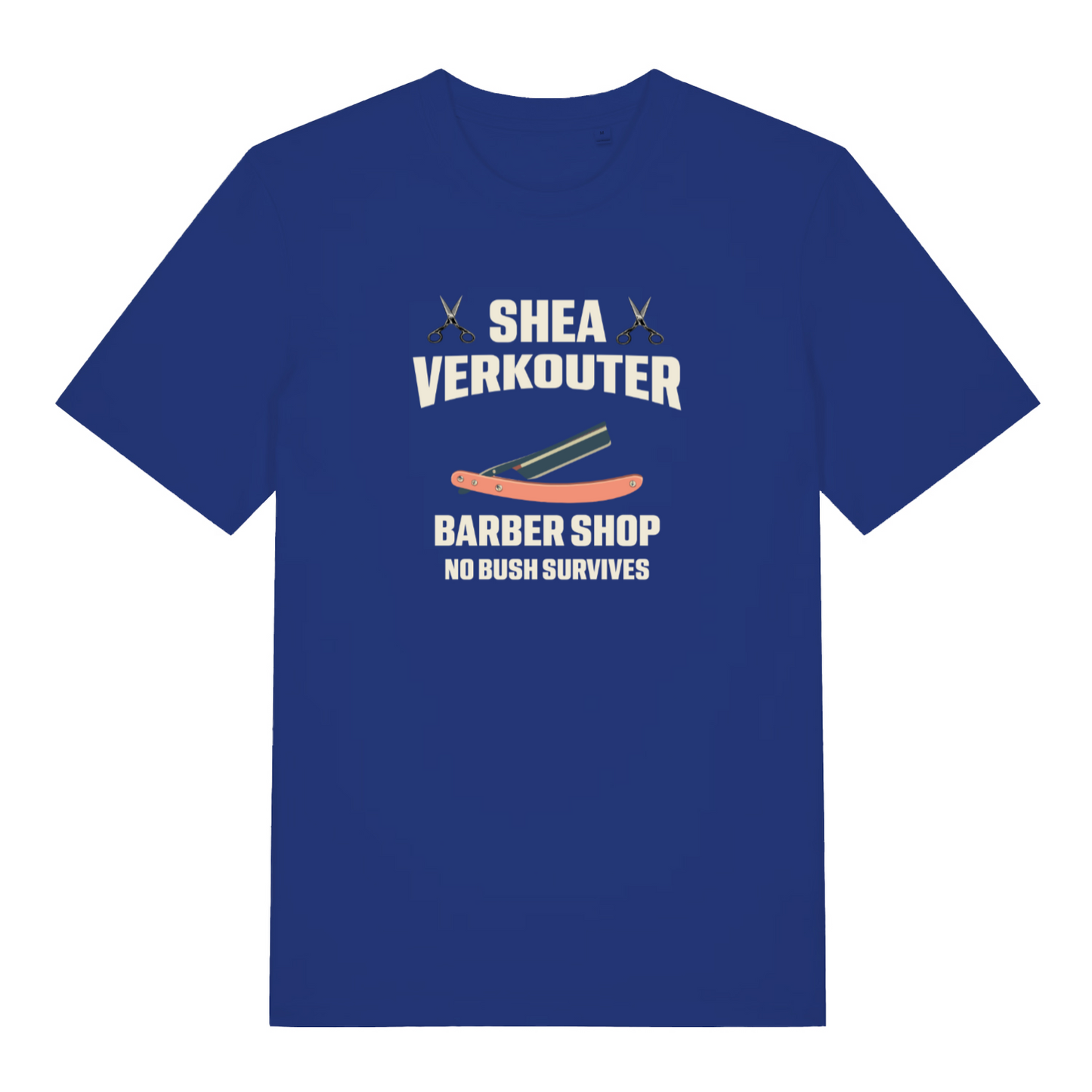 blue funny offensive t-shirt with the text 'shea verkouter barbershop, no bush survives'