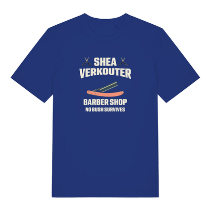 blue funny offensive t-shirt with the text 'shea verkouter barbershop, no bush survives'