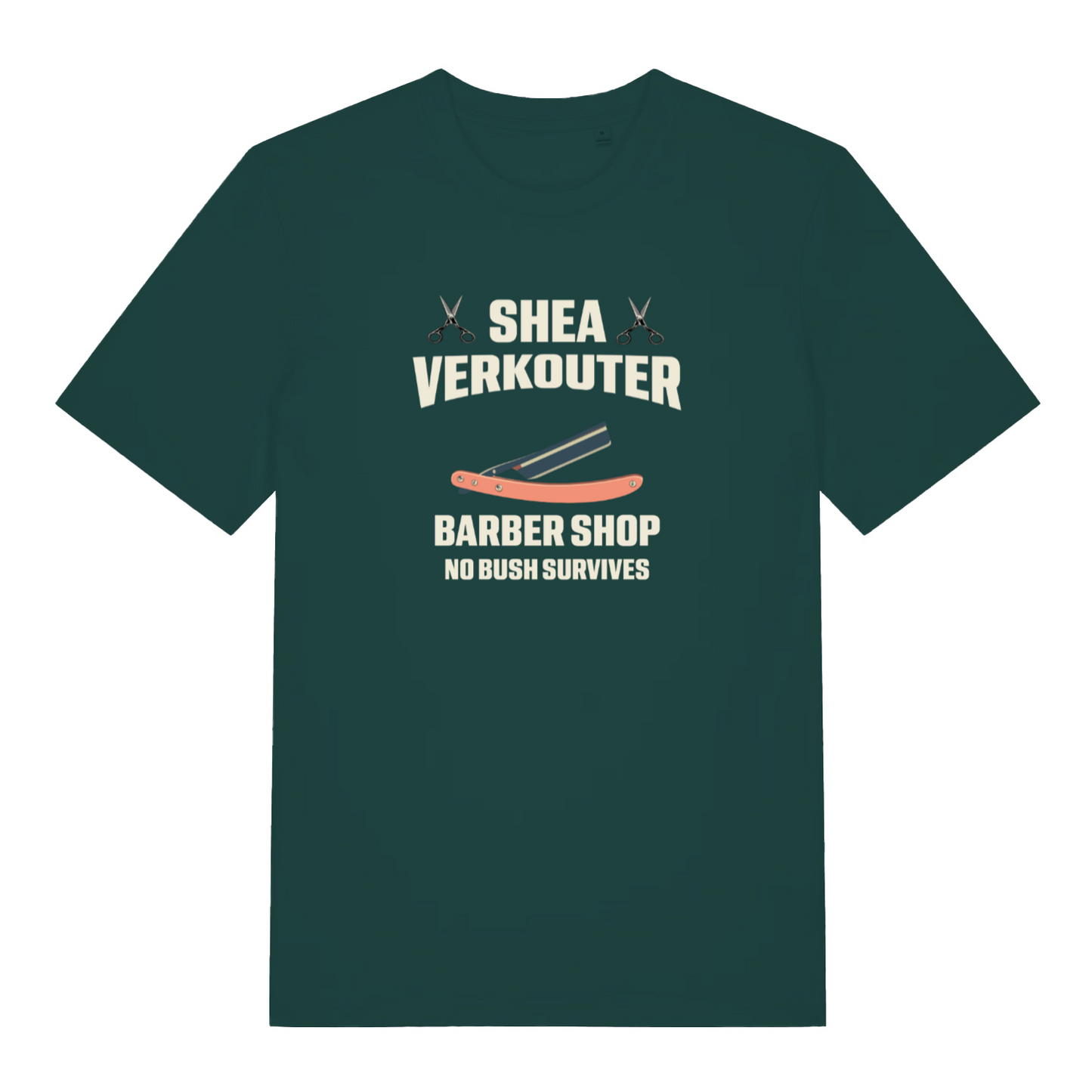 green funny offensive t-shirt with the text 'shea verkouter barbershop, no bush survives'