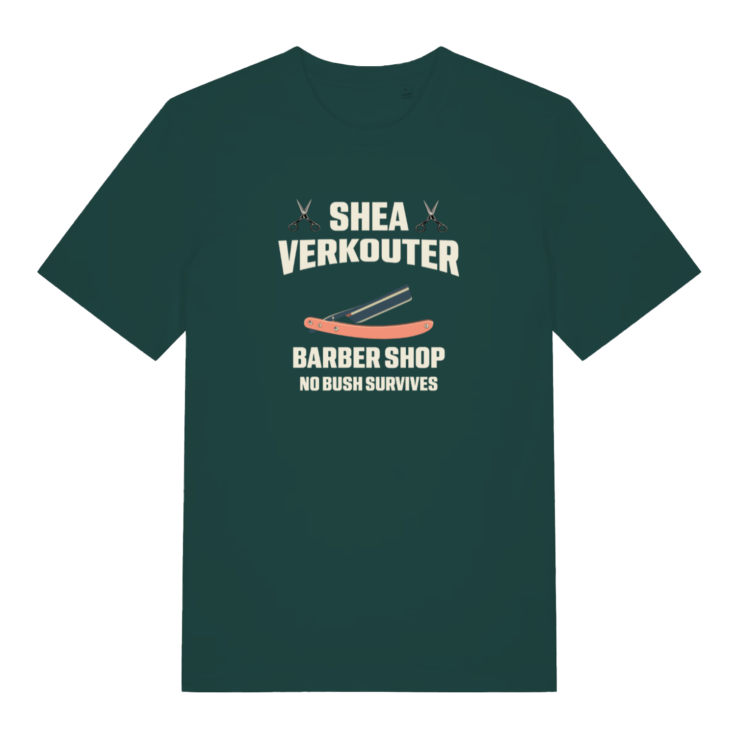 green funny offensive t-shirt with the text 'shea verkouter barbershop, no bush survives'