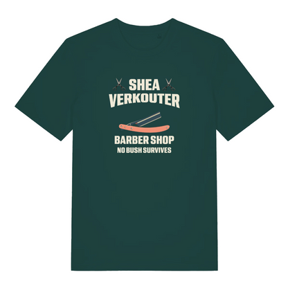 green funny offensive t-shirt with the text 'shea verkouter barbershop, no bush survives'