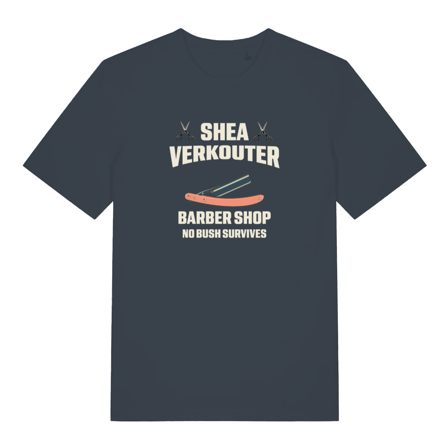 ink grey funny offensive t-shirt with the text 'shea verkouter barbershop, no bush survives'