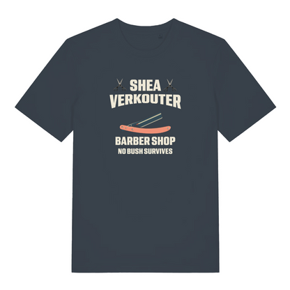 ink grey funny offensive t-shirt with the text 'shea verkouter barbershop, no bush survives'
