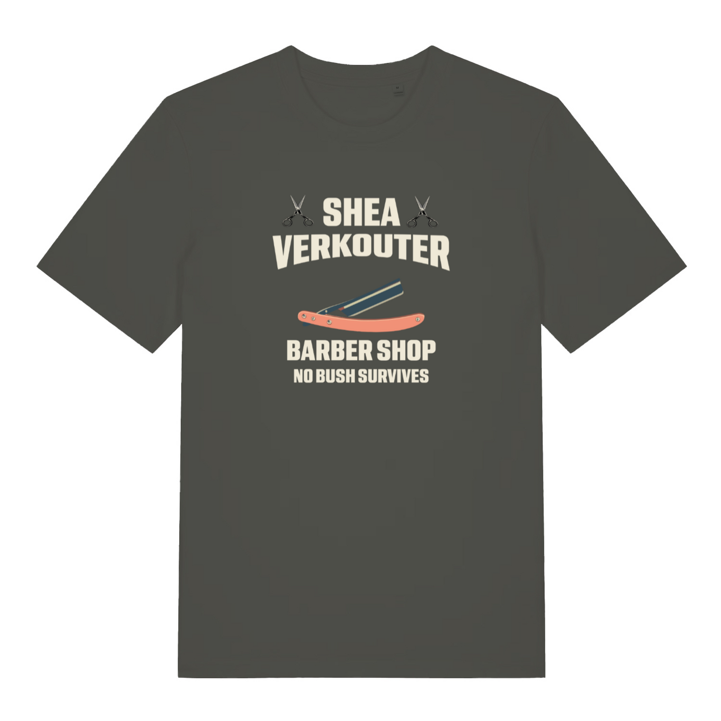 khaki funny offensive t-shirt with the text 'shea verkouter barbershop, no bush survives'