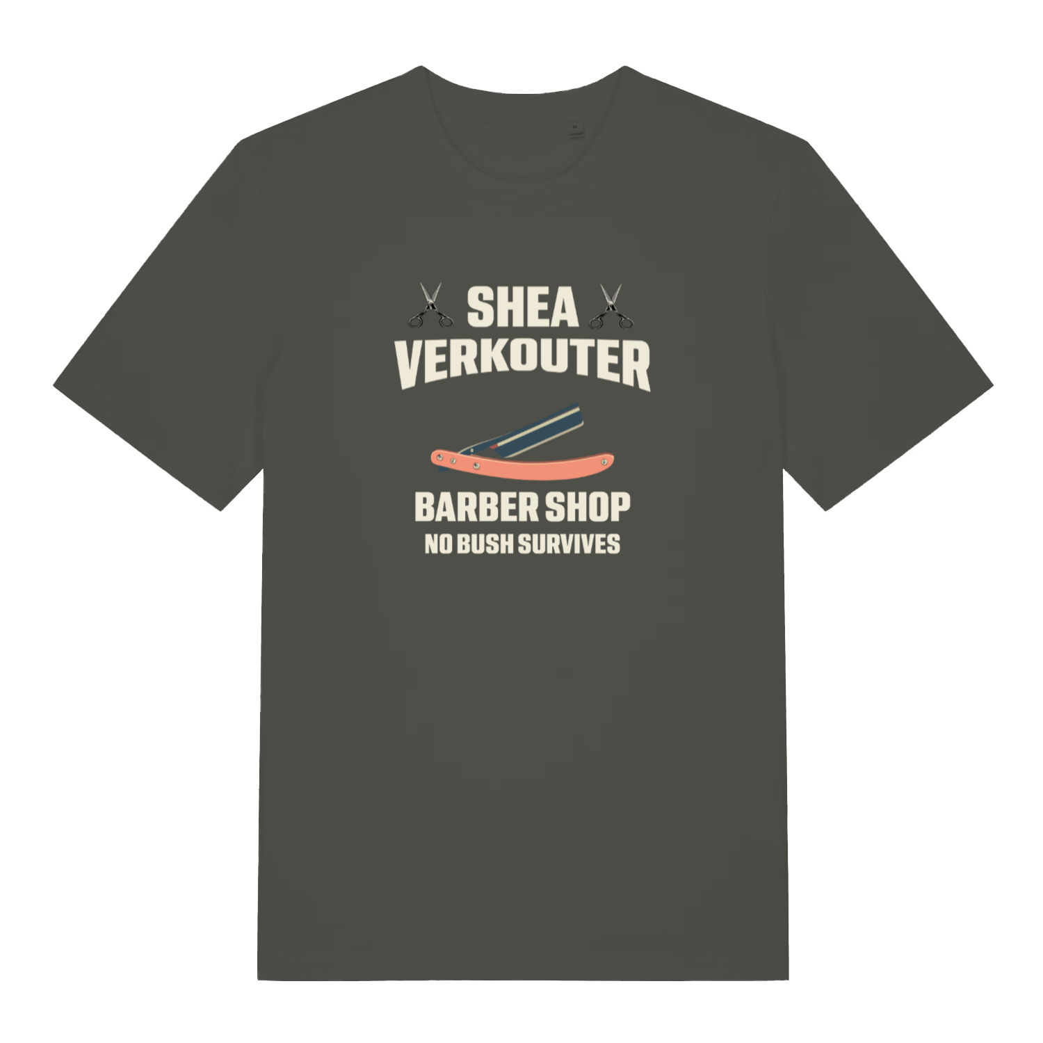 khaki funny offensive t-shirt with the text 'shea verkouter barbershop, no bush survives'