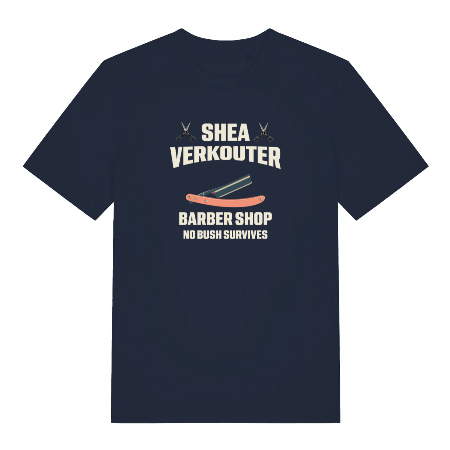 navy funny offensive t-shirt with the text 'shea verkouter barbershop, no bush survives'