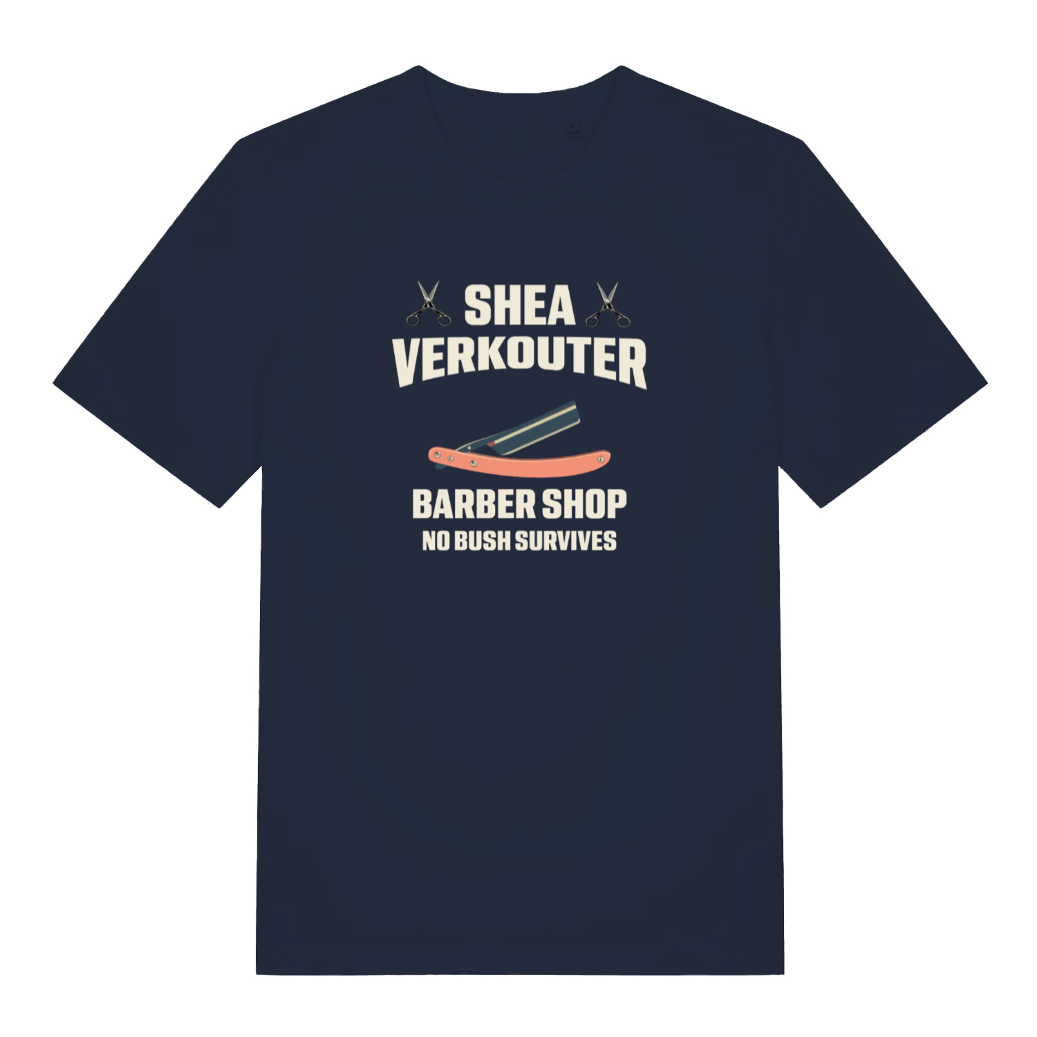 navy funny offensive t-shirt with the text 'shea verkouter barbershop, no bush survives'