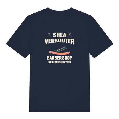 navy funny offensive t-shirt with the text 'shea verkouter barbershop, no bush survives'