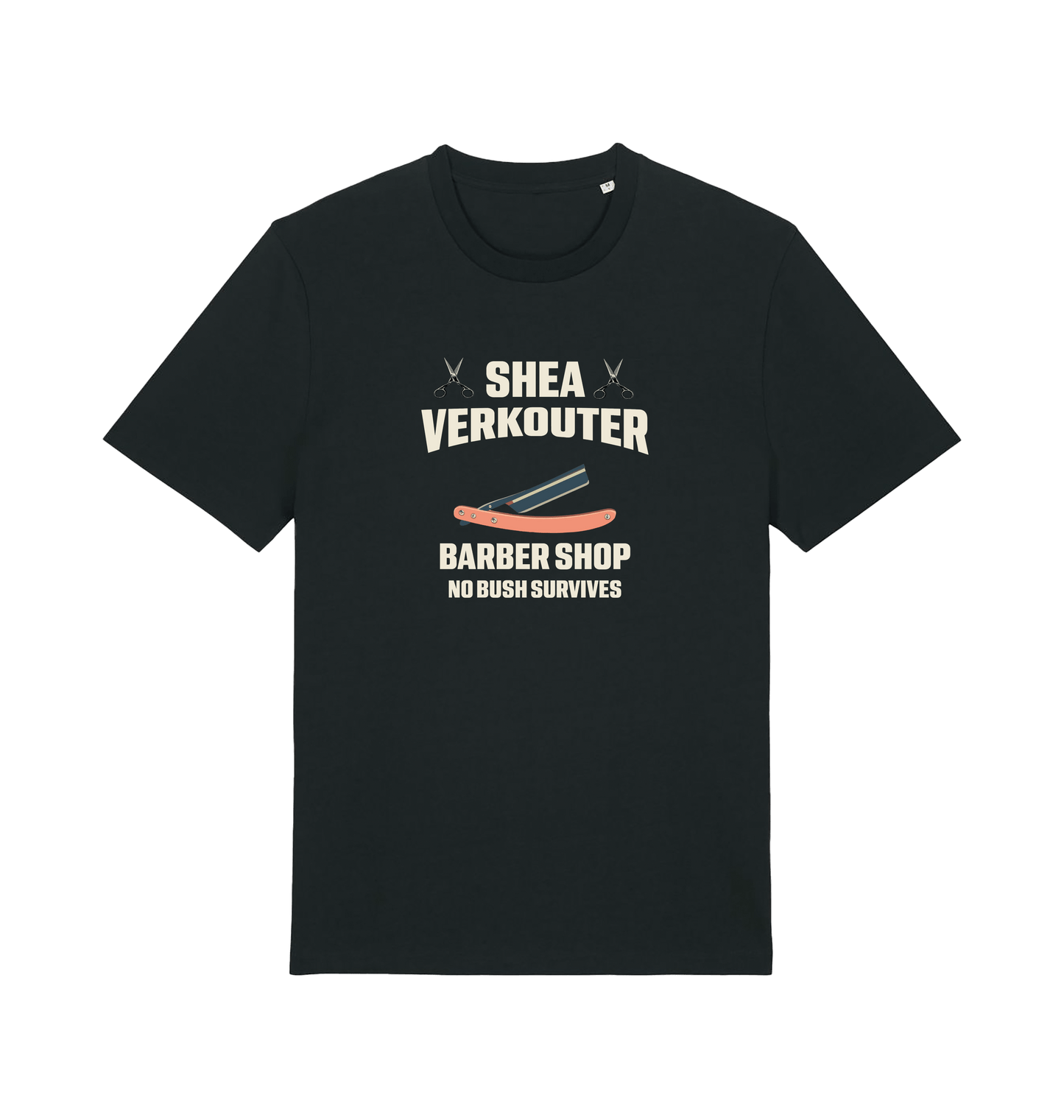Black funny offesnive  t-shirt the slogan 'shea verkouter babershop no bush survives'