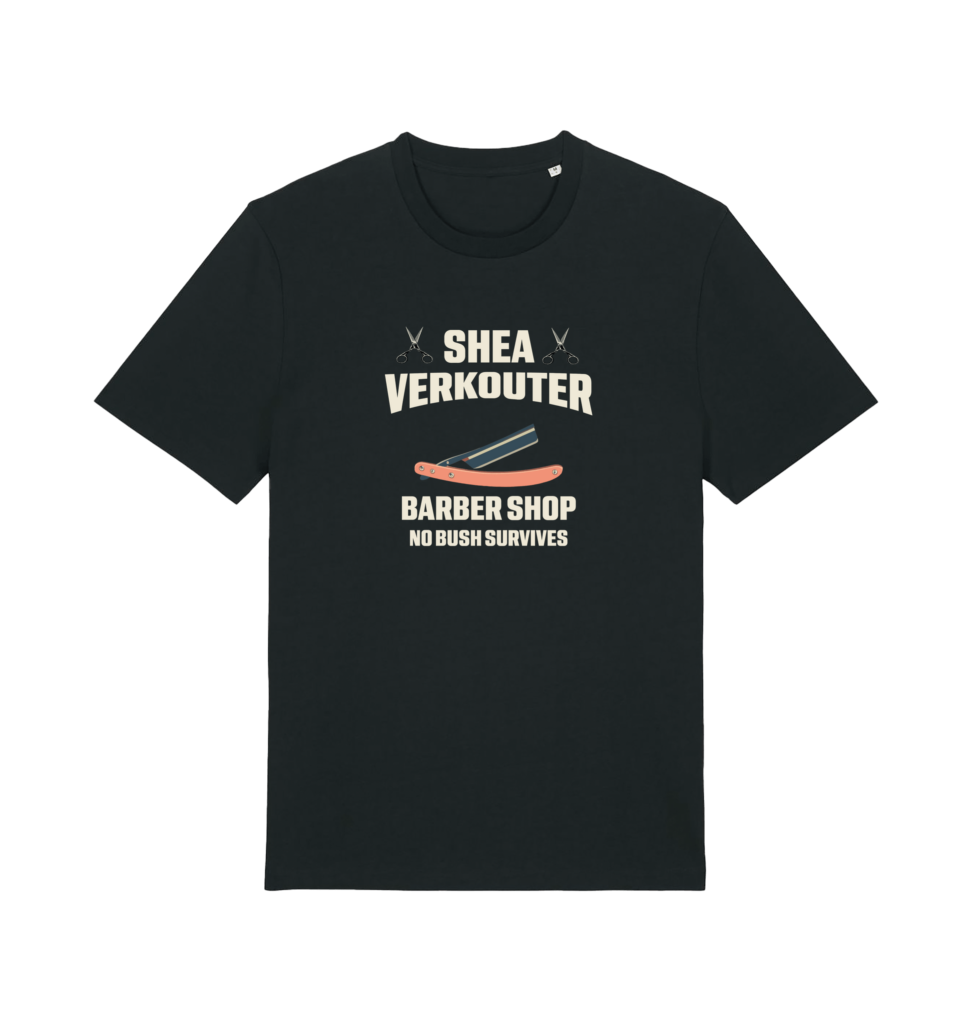 Black funny offesnive  t-shirt the slogan 'shea verkouter babershop no bush survives'