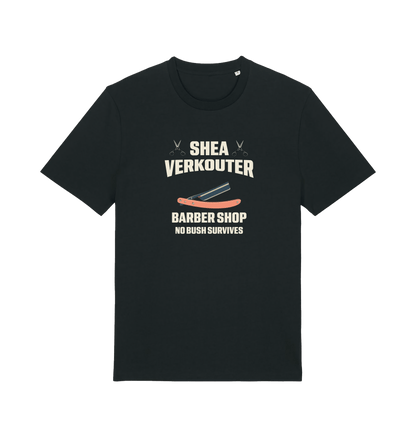 Black funny offesnive  t-shirt the slogan 'shea verkouter babershop no bush survives'