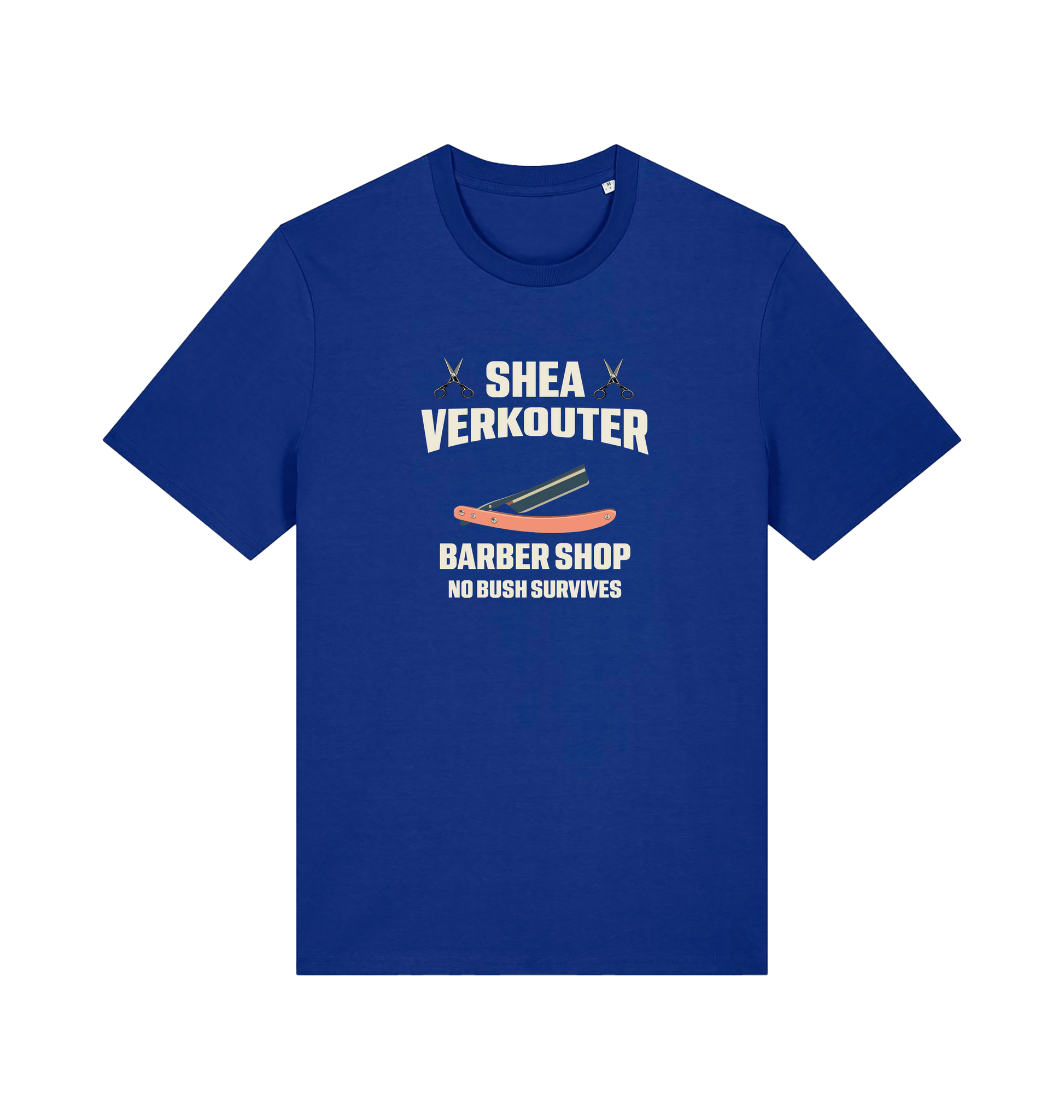 blue funny offesnive  t-shirt the slogan 'shea verkouter babershop no bush survives'